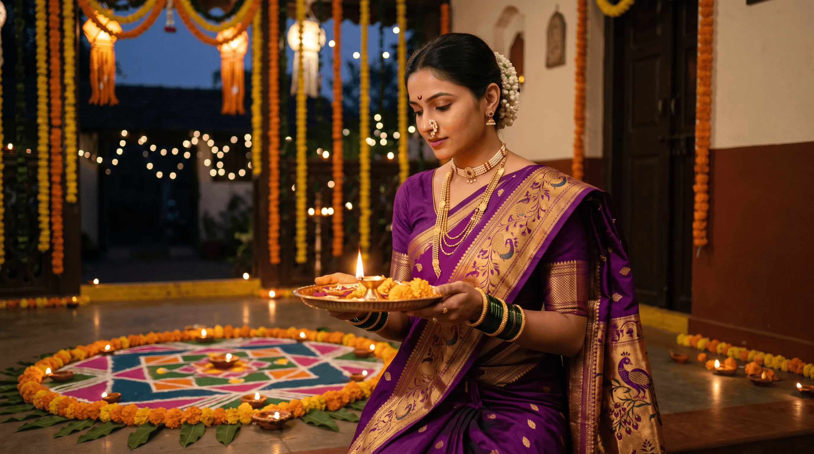 દિવાળી પૂજા માટે પૈઠણી સાડી